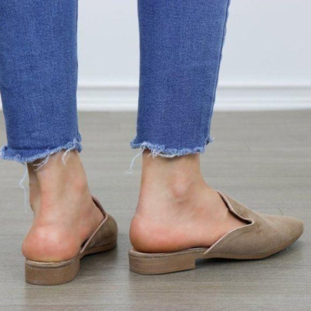 Tan Suede Pointy Toe Slip On Mule Loafers - Picture 3 of 7